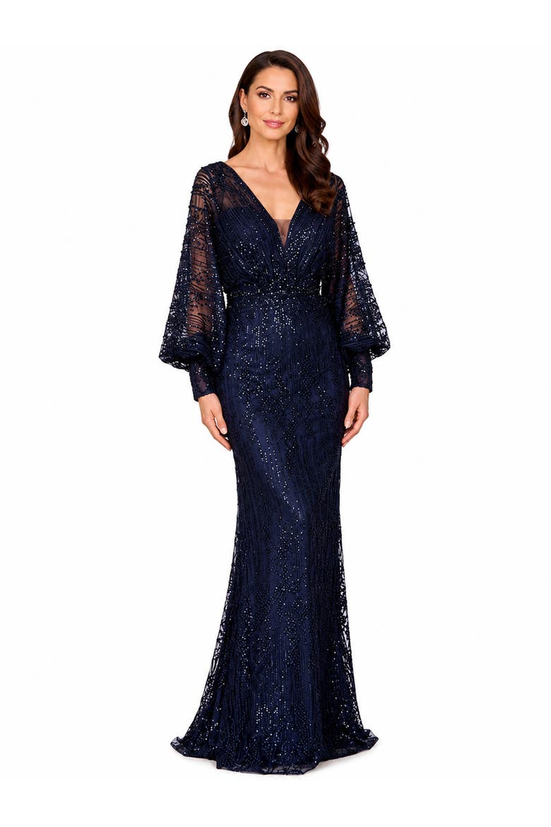 Beaded Faux-Wrap V-Neck Bridal Gown, Main, color, Navy