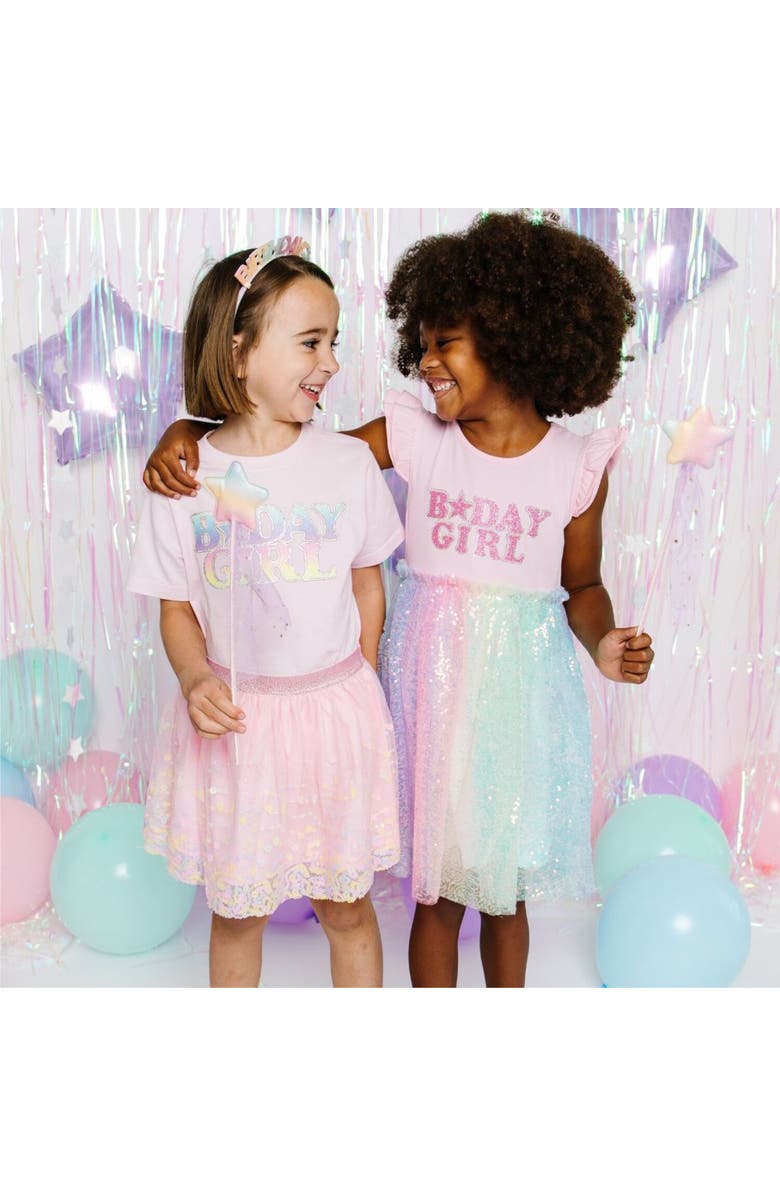 Sweet Wink Birthday Girl Patch Rainbow Ombre Sequin Short Sleeve Tutu Dress, Alternate, color, 
