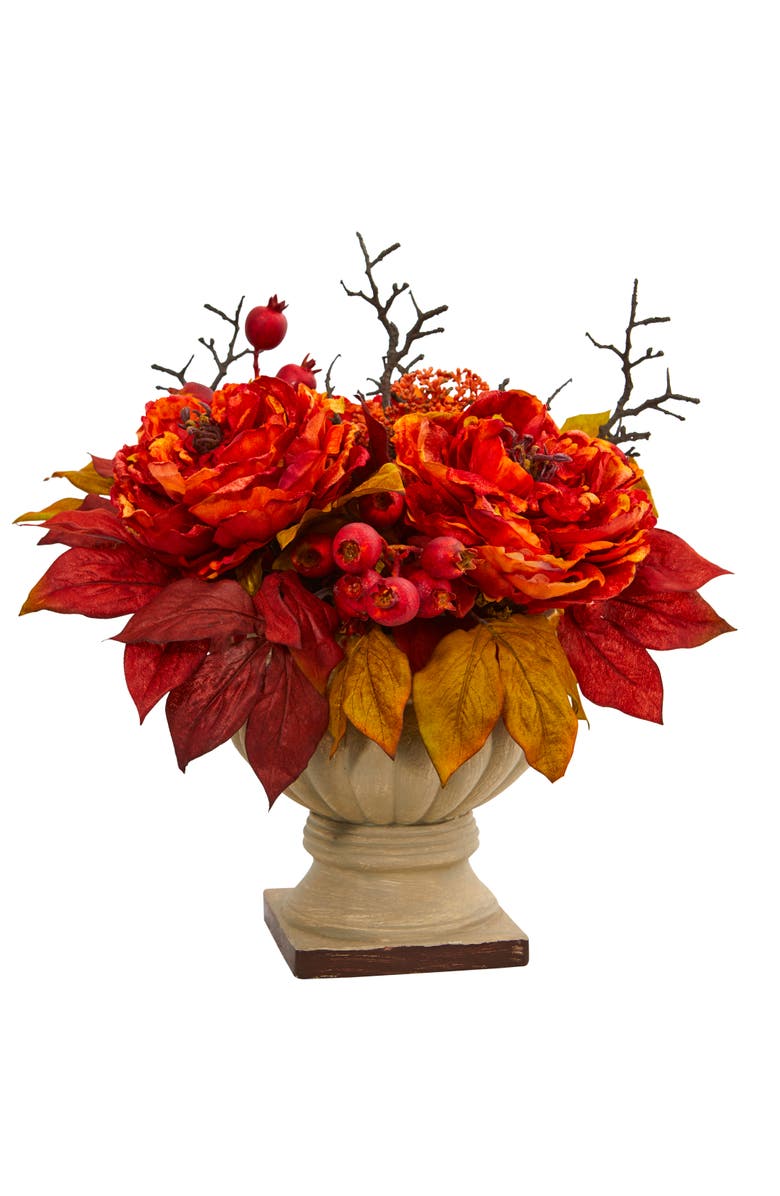 NEARLY NATURAL 15-in Peony and Sedum Artificial Arrangement, Main, color, Orange
