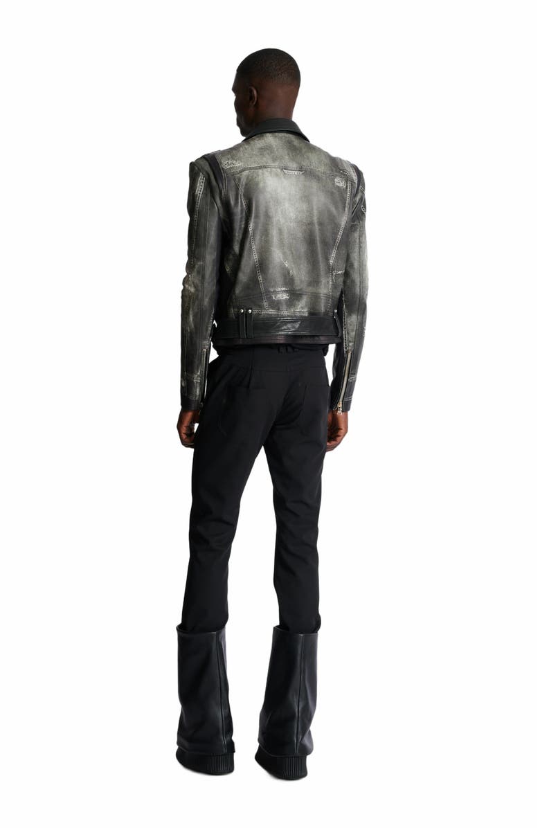 Balmain Leather Biker Jacket With Denim Print, Alternate, color, 