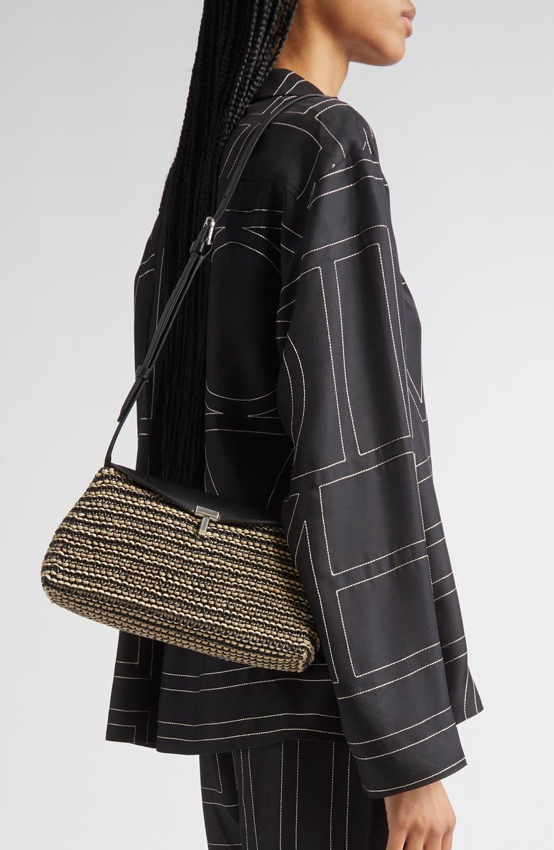 TOTEME T-Lock Top Handle Woven Leather Clutch, Alternate, color, Black/ Sand