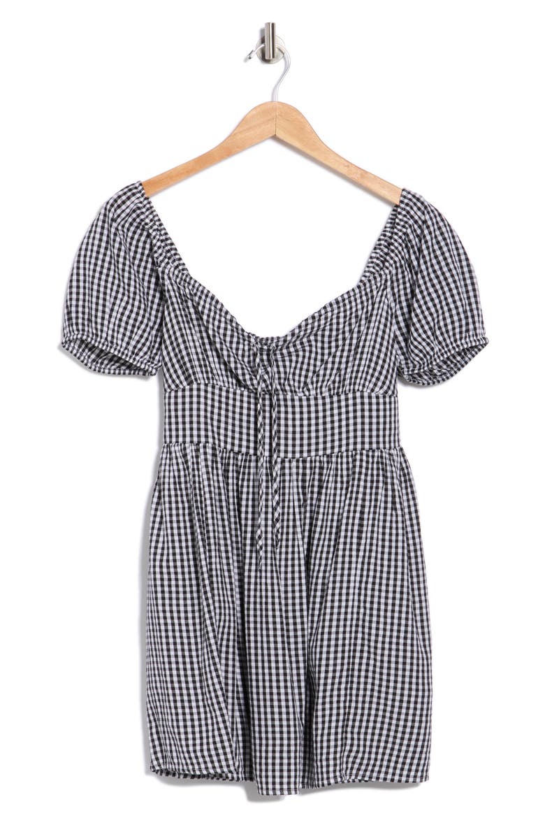 Puff Sleeve Tie Front Minidress, Alternate, color, BLACK- WHITE DEMI GINGHAM