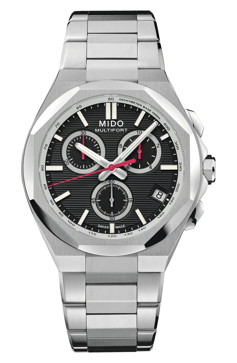 MIDO Multifort 8 Black One Crown Chronograph Automatic Bracelet Watch, 40mm, Main, color, Black