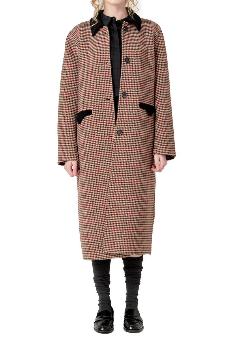 Houndstooth Check Contrast Wool Blend Coat, Alternate, color, BROWN