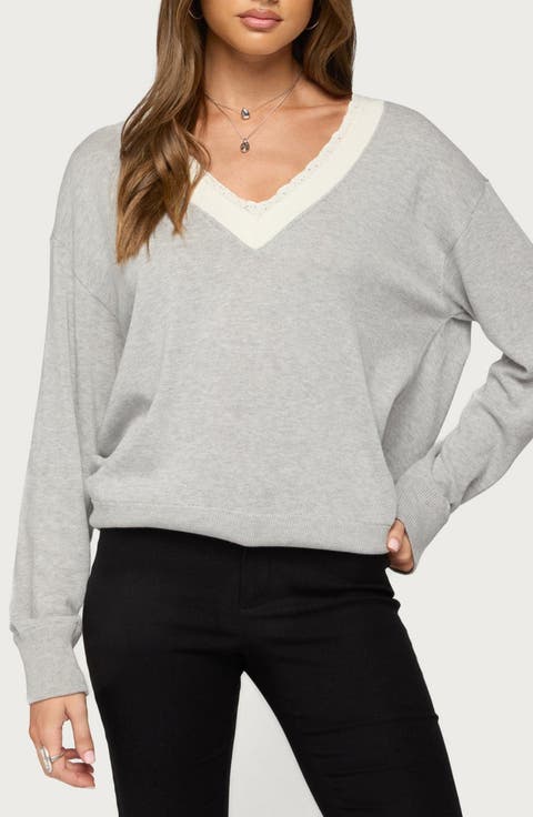 Marie Lace Trim V-Neck Sweater