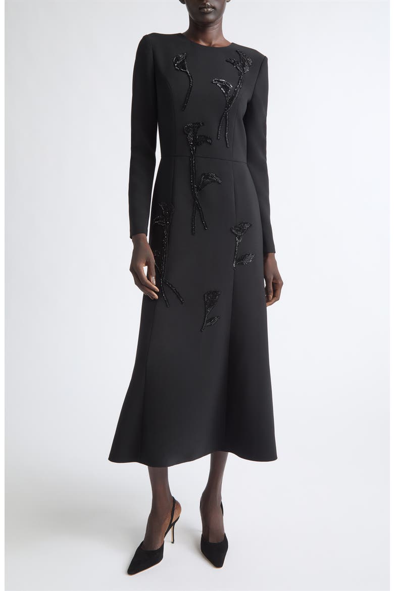 Beaded Long Sleeve Midi Dress, Main, color, BLACK