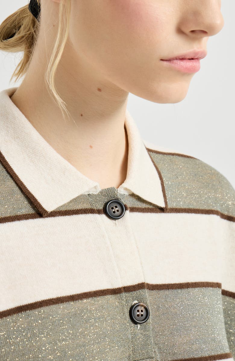 Brunello Cucinelli Cropped knit polo with sparkling stripes, Alternate, color, Sage