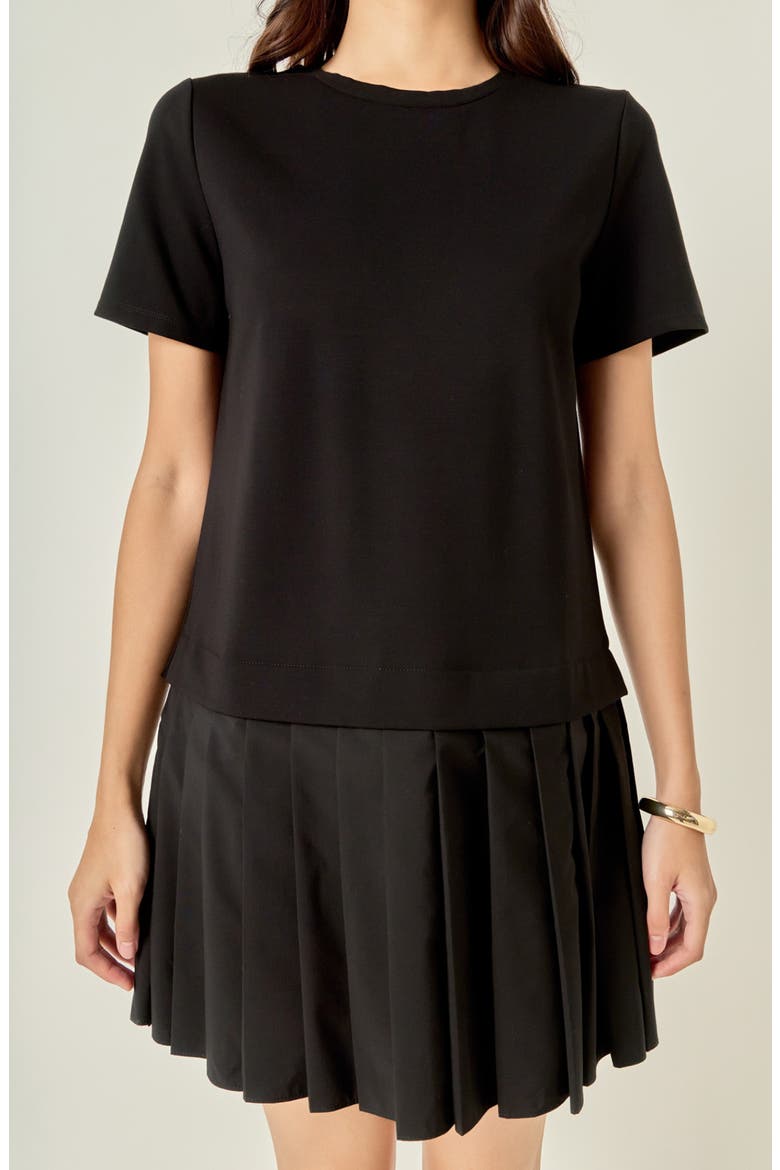 Mixed Media Pleated Minidress, Alternate, color, BLACK