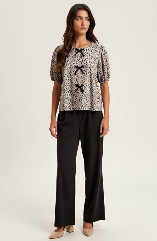 Modenaire Puff Sleeve Blouse With Velvet Bow Accents And Crew Neckline In Multi