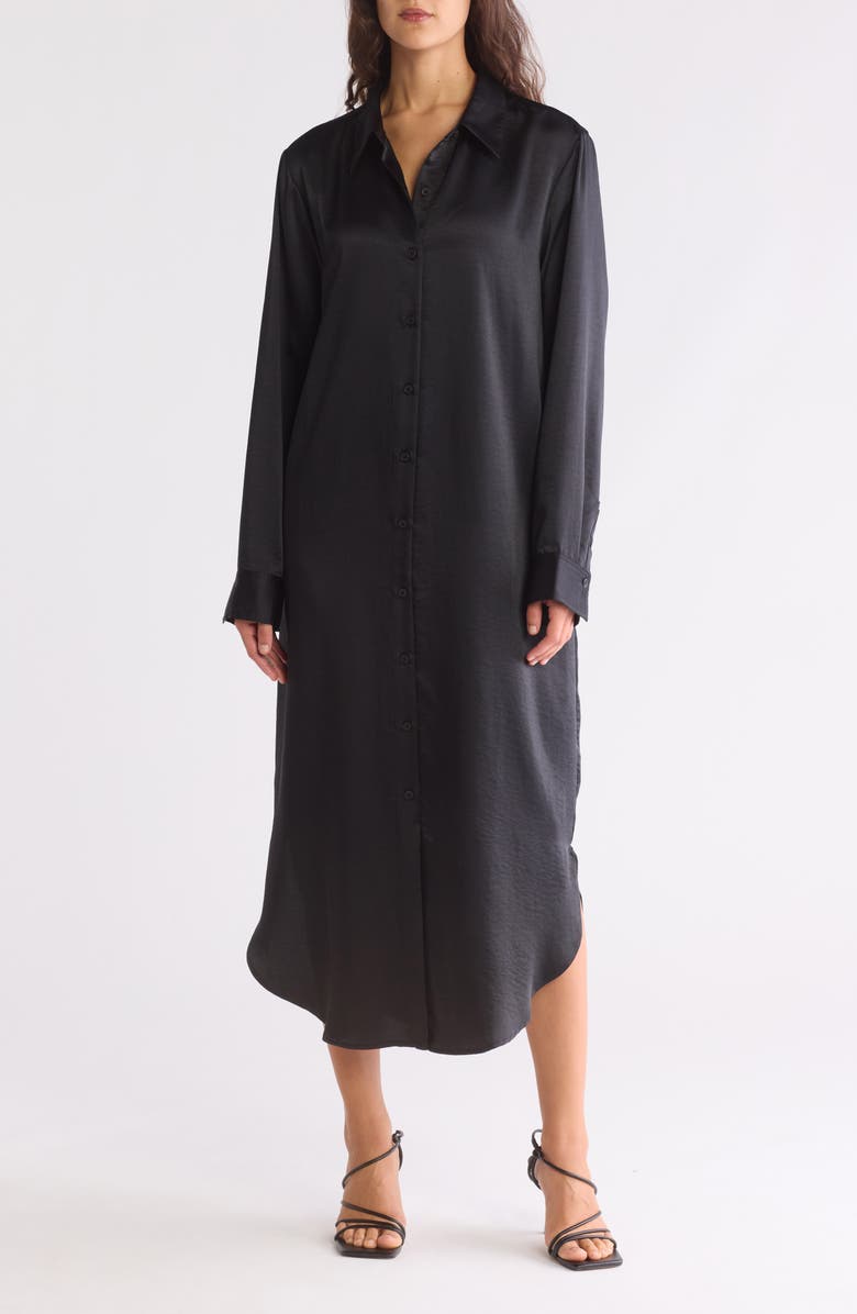 NORDSTROM RACK Long Sleeve Textured Satin Shirtdress, Main, color, Black