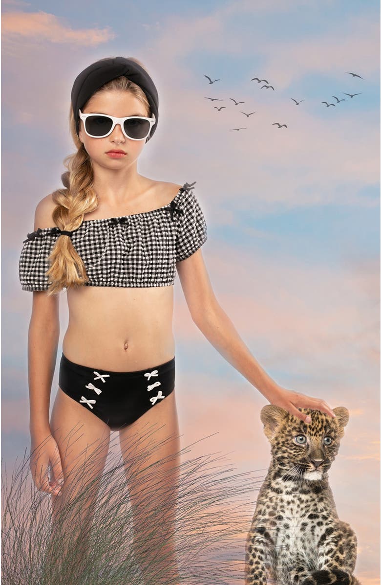 NESSI BYRD Checkered Off Shoulder & Lace-Up Two Piece Bikini,Toddler-Little Kid & Big Kid, Alternate, color, Black