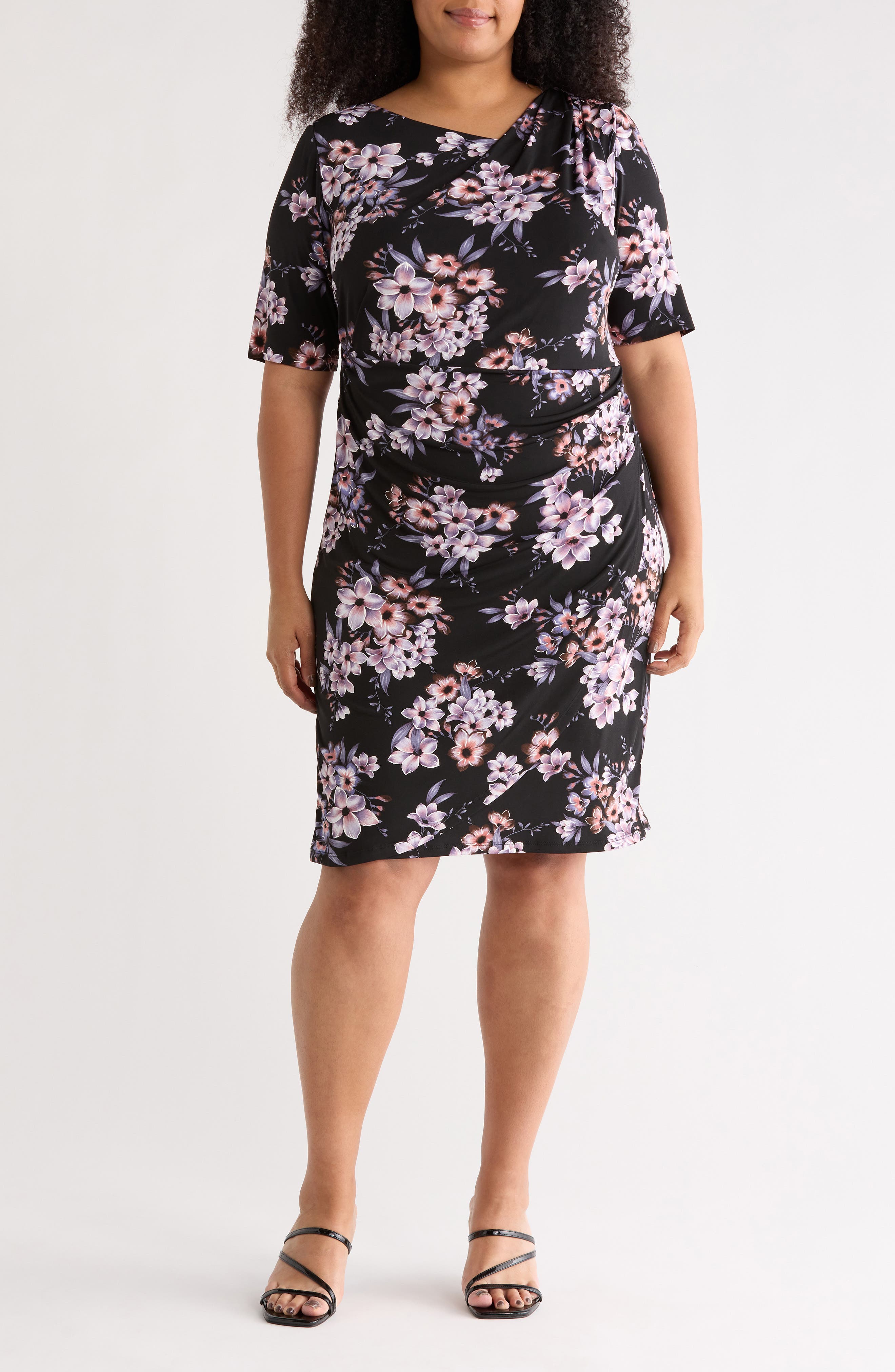 Connected Apparel Floral Elbow-Length Sleeve Faux Wrap Dress