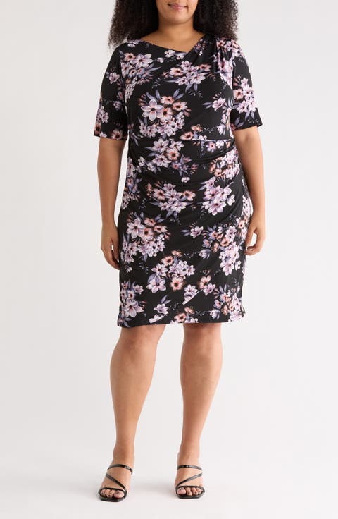 Floral Elbow-Length Sleeve Faux Wrap Dress (Plus)