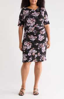 Connected Apparel Floral Elbow-Length Sleeve Faux Wrap Dress