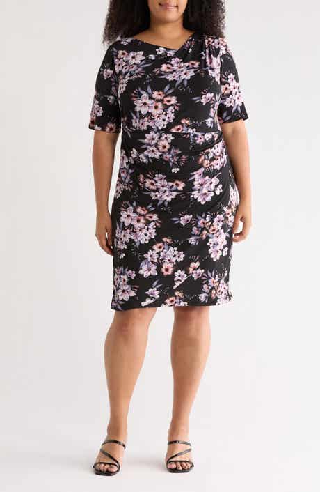 Connected Apparel Floral Elbow-Length Sleeve Faux Wrap Dress