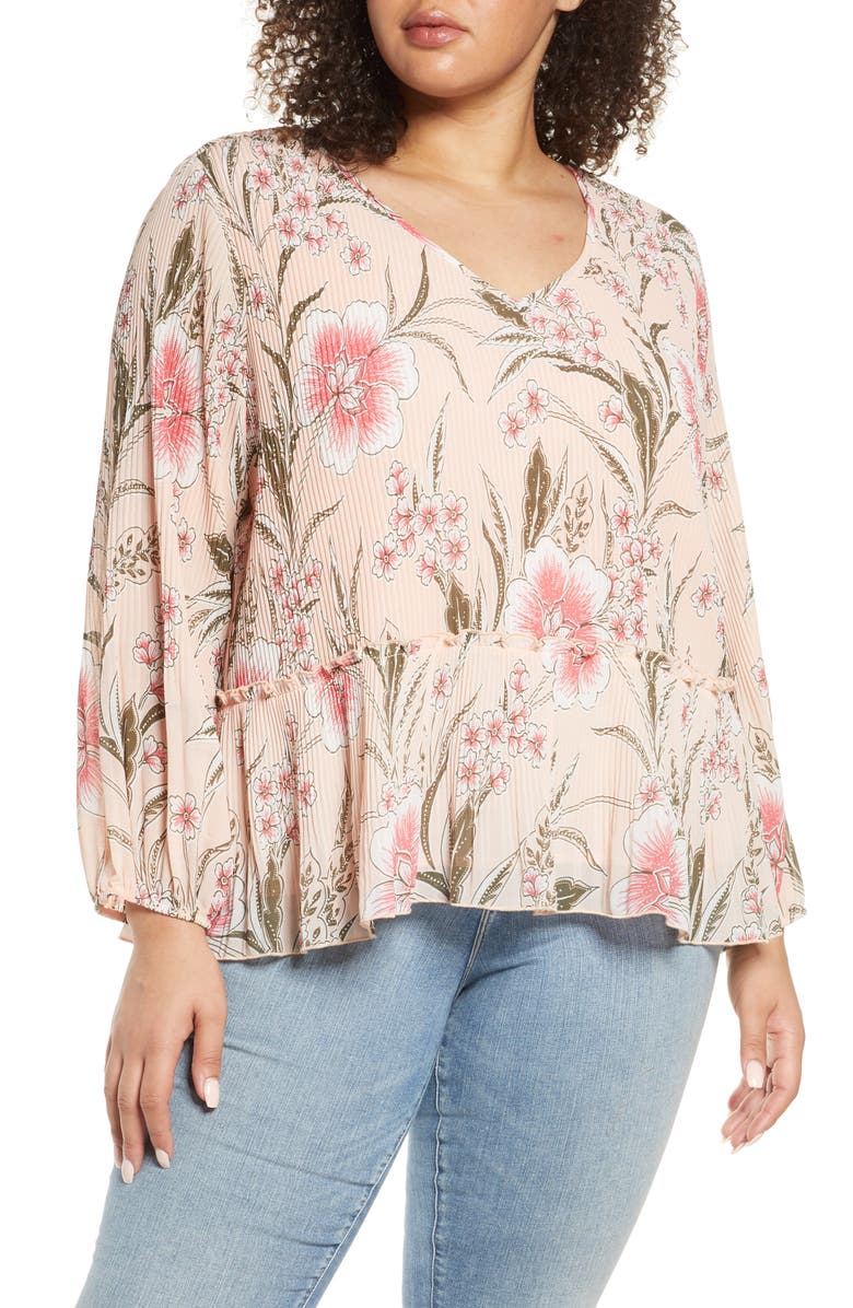 Single Thread Pleated V-Neck Floral Blouse, Main, color,