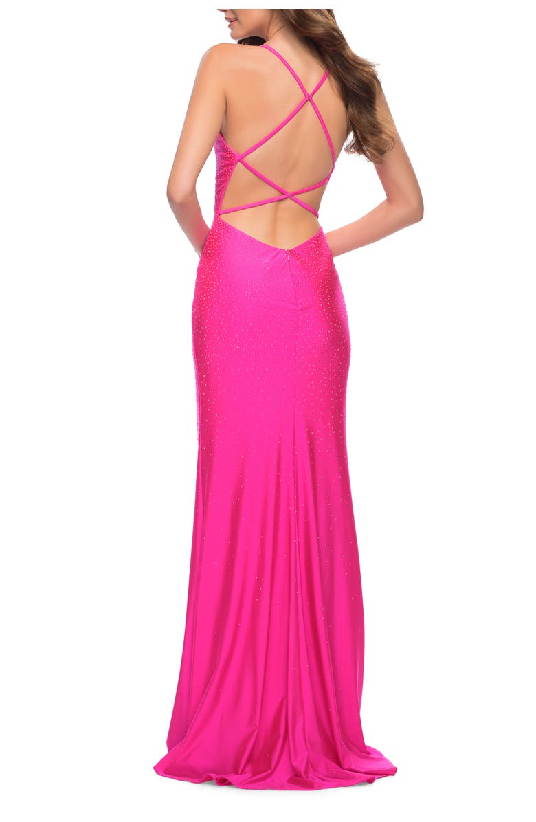 La Femme Neon Prom Gown with Rhinestone Fabric and Deep V, Alternate, color, Neon Pink
