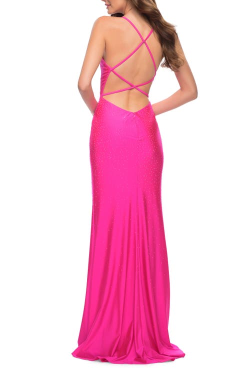 La Femme Neon Prom Gown With Rhinestone Fabric And Deep V In Neon Pink