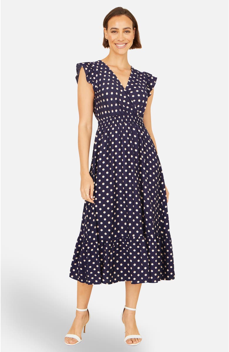 Yumi Spot Ruched Waist Midi Dress, Alternate, color, Navy