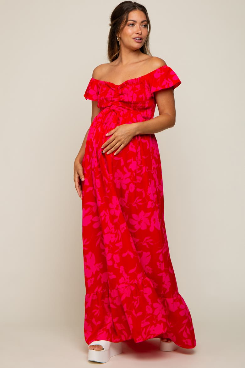 Floral Smocked Cinched Top Maxi Dress, Alternate, color, Red