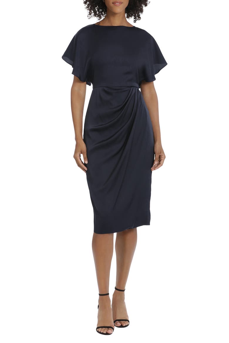 Flutter Sleeve Charmeuse Midi Dress, Main, color, TWILIGHT NAVY