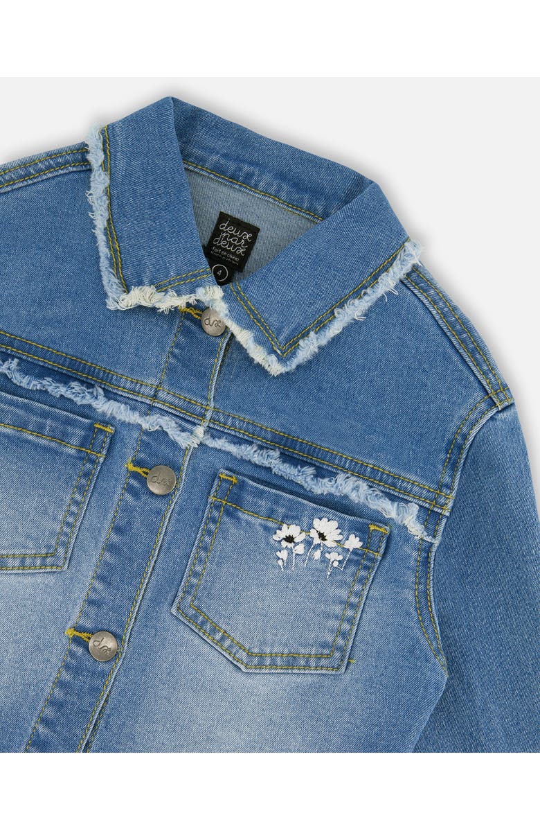 Deux par Deux Little Girl's Frayed Denim Jacket With Embroidery Jeans Blue, Alternate, color, 