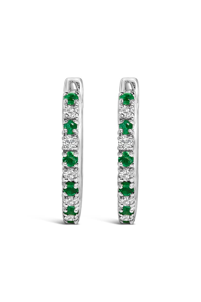 10K White Gold Alternating Emerald 1/10 Ct Diamond Huggy Hoop Earrings, Alternate, color, White