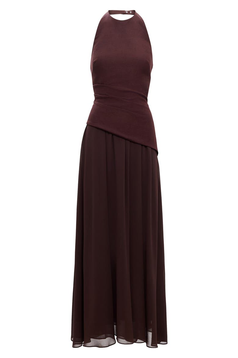 Elise Linen Blend & Chiffon Halter Maxi Dress, Alternate, color, CHOCOLATE