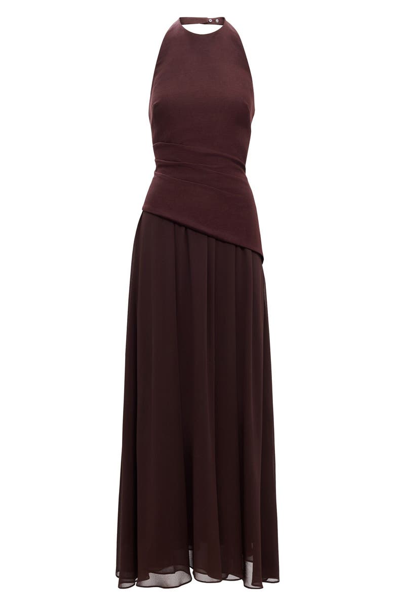 Ever New Elise Linen Blend & Chiffon Halter Maxi Dress, Alternate, color, Chocolate
