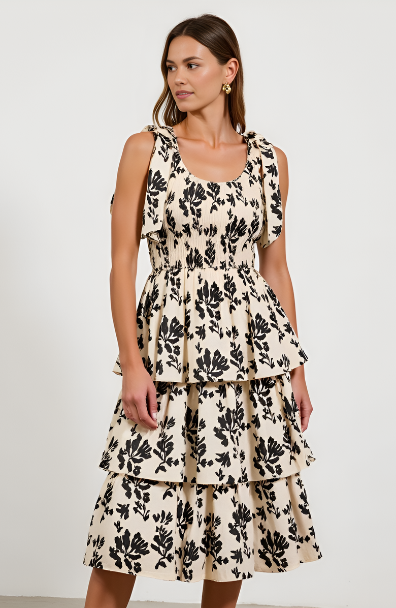 Modenaire Smocked Tiered Midi Dress with Bow-Tie Straps, Main, color, Ivory / Black Floral