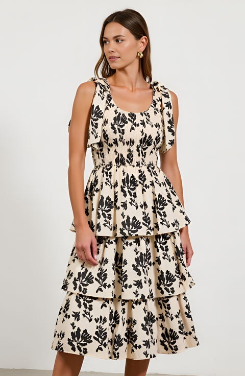 Smocked Tiered Midi Dress with Bow-Tie Straps
