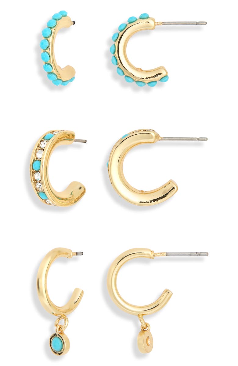 BaubleBar Got the Blues Set of 3 Huggie Hoop Earrings, Alternate, color, Turquoise