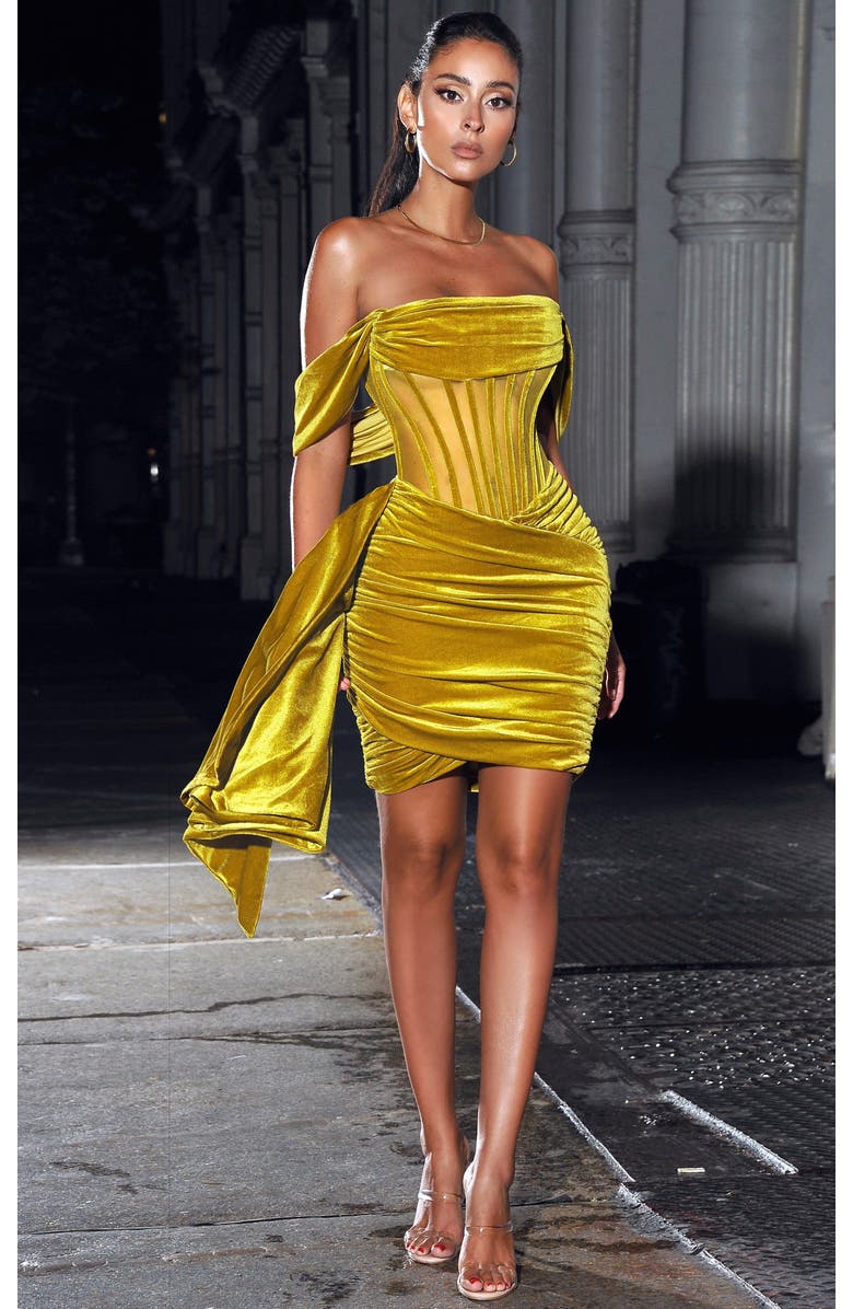 Miss Circle Irisaa Draping Off Shoulder Corset Mini Dress, Alternate, color, Gold