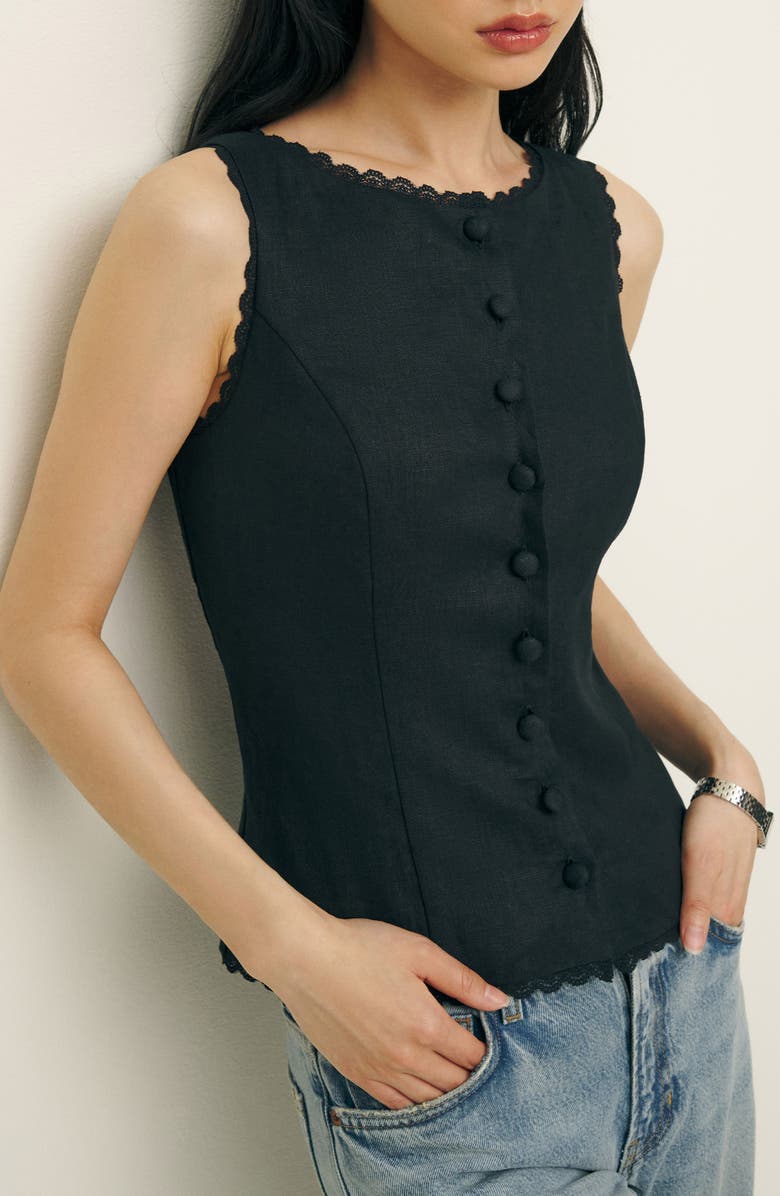 Reformation Amela Linen Button-Up Top, Alternate, color, Black