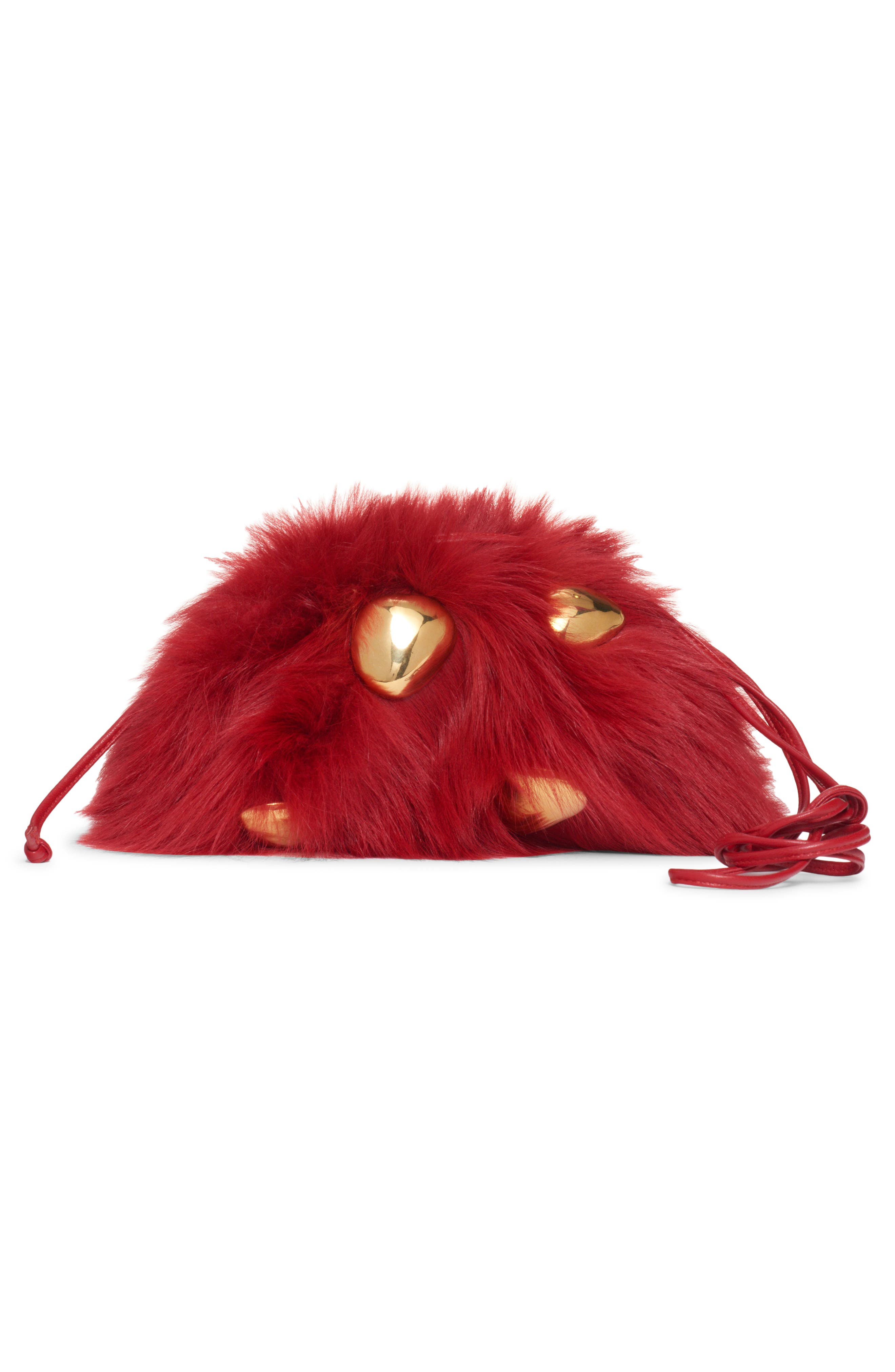 Bottega Veneta Mini The Pouch Stud Embellished Genuine Shearling Clutch, Alternate, color, Apple Candy-M Brass