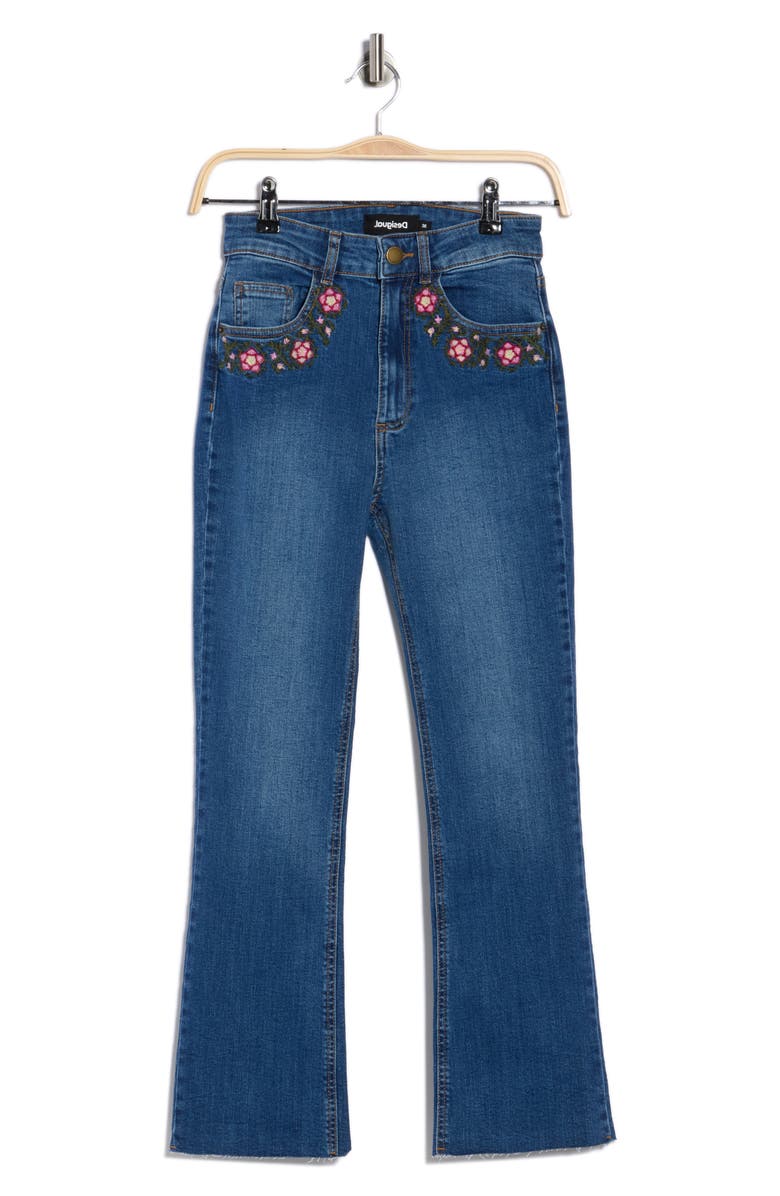 Desigual Floral Embroidered Ankle Flare Jeans, Alternate, color, Medium Blue