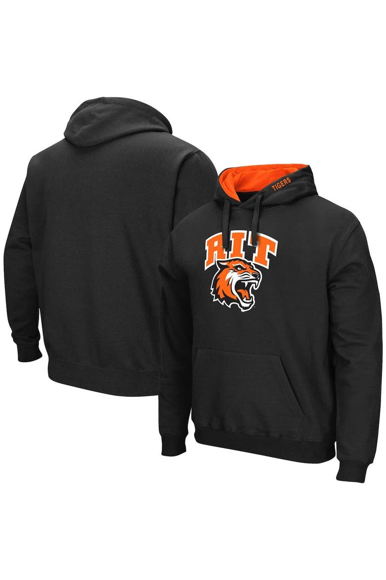 Men's Colosseum Black Rochester Institute of Technology Tigers Arch & Logo 3.0 Pullover Hoodie, Main, color, Black
