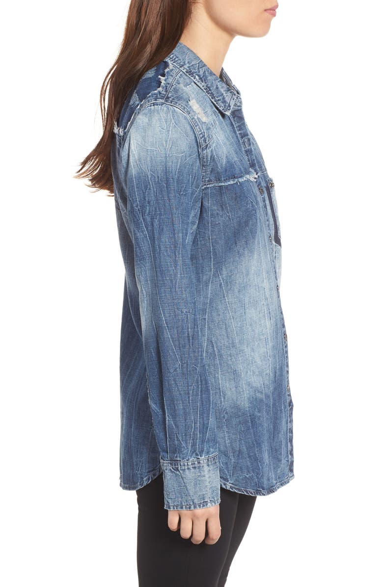 True Religion Brand Jeans Georgia Distressed Denim Shirt, Alternate, color, Indigo