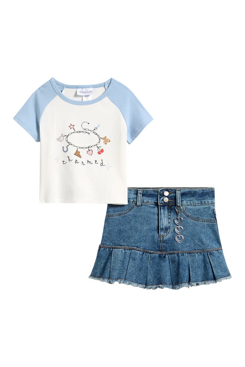 Kids' Graphic Raglan T-Shirt, Skirt & Bracelet Set, Main, color, LIGHT BLUE