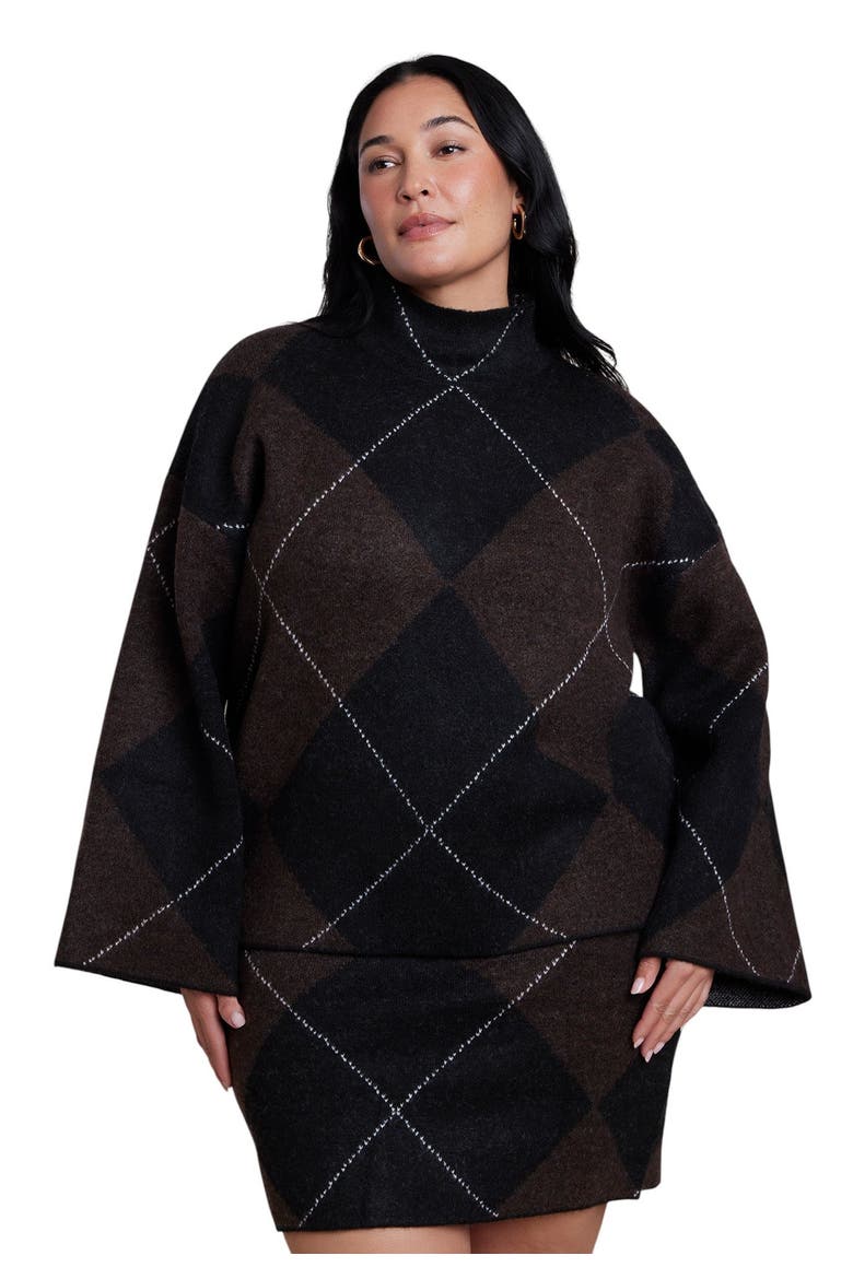 Mockneck Intarsia Sweater (plus), Main, color, DARK BROWN ARGYLE