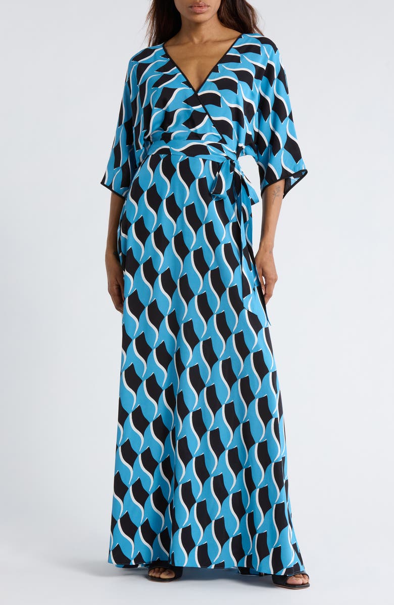 DVF Eloise Print Faux Wrap Maxi Dress, Main, color, Bird Weave Balanchine Blue
