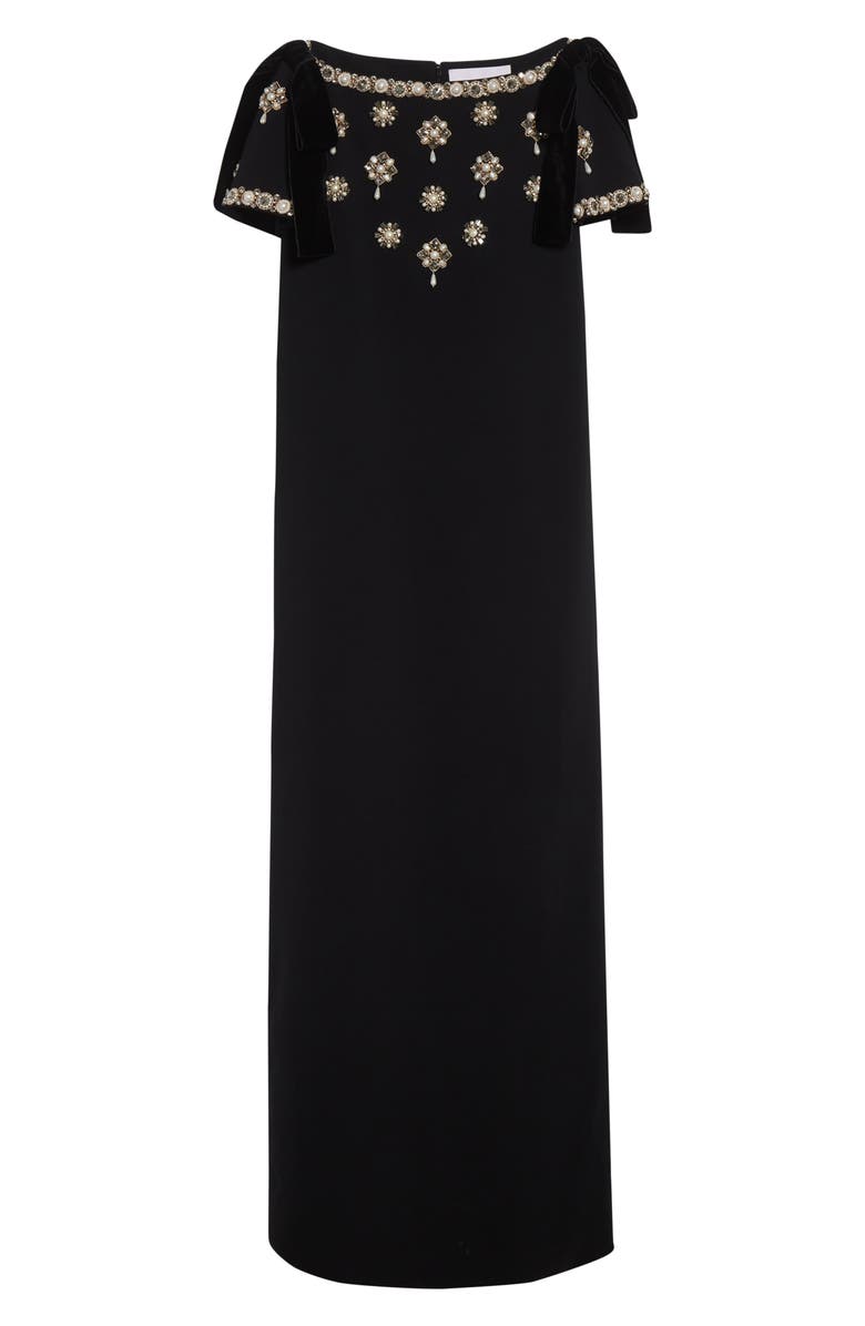 Carolina Herrera Embellished Bow Shoulder Column Gown, Alternate, color, Black Multi