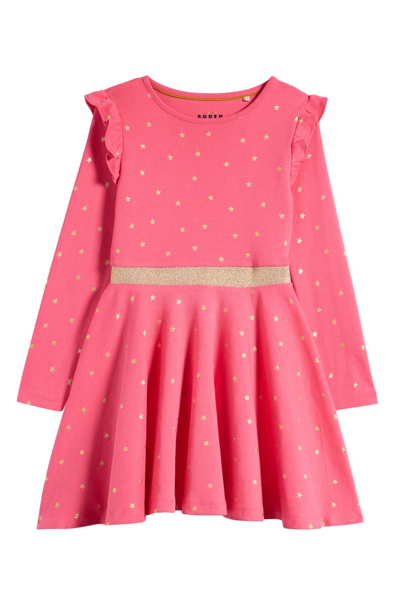 Mini Boden Kids' Mabel Foil Star Long Sleeve Cotton Twirly Dress, Main, color, 