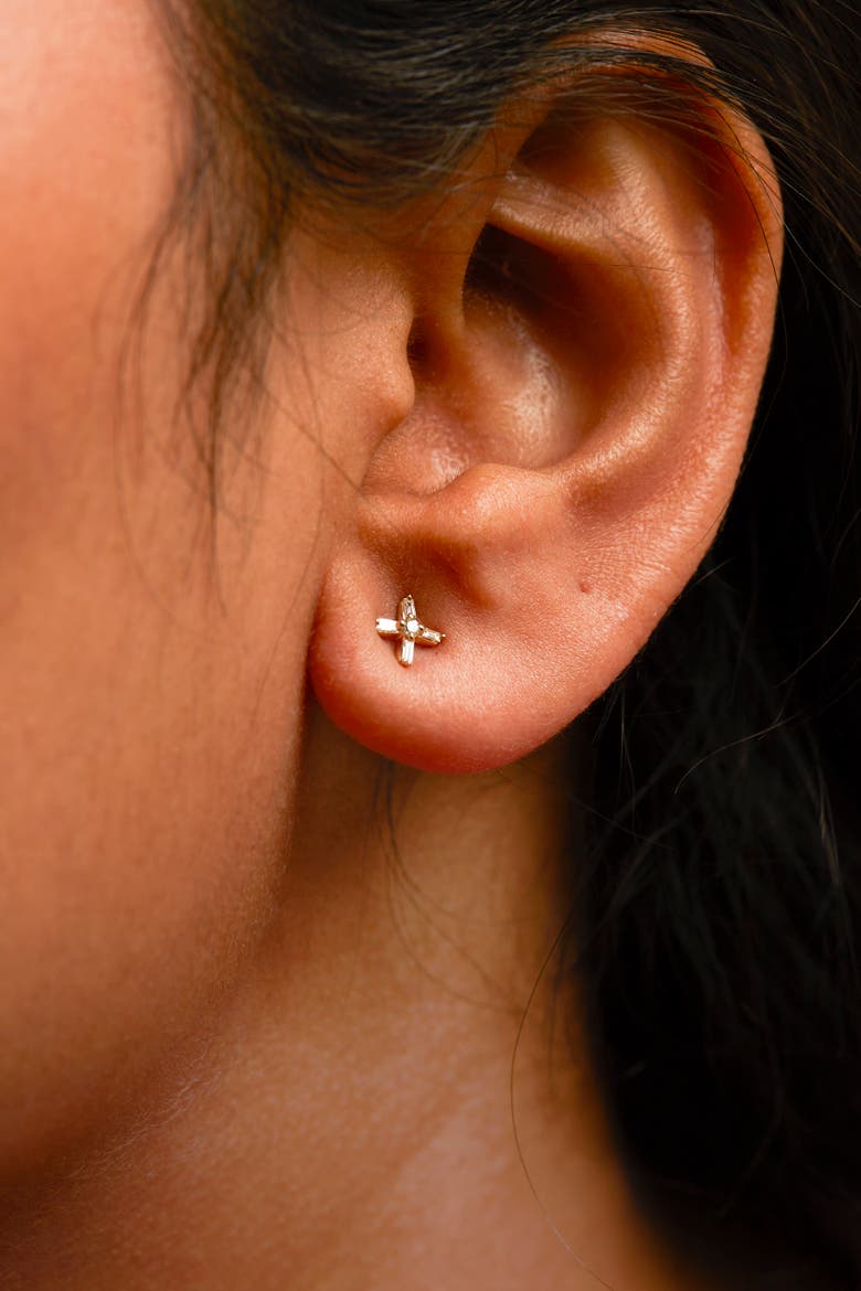10K Yellow Gold 1/10 Ct Round and Baguette Diamond Criss Cross X Stud Earring, Alternate, color, Yellow