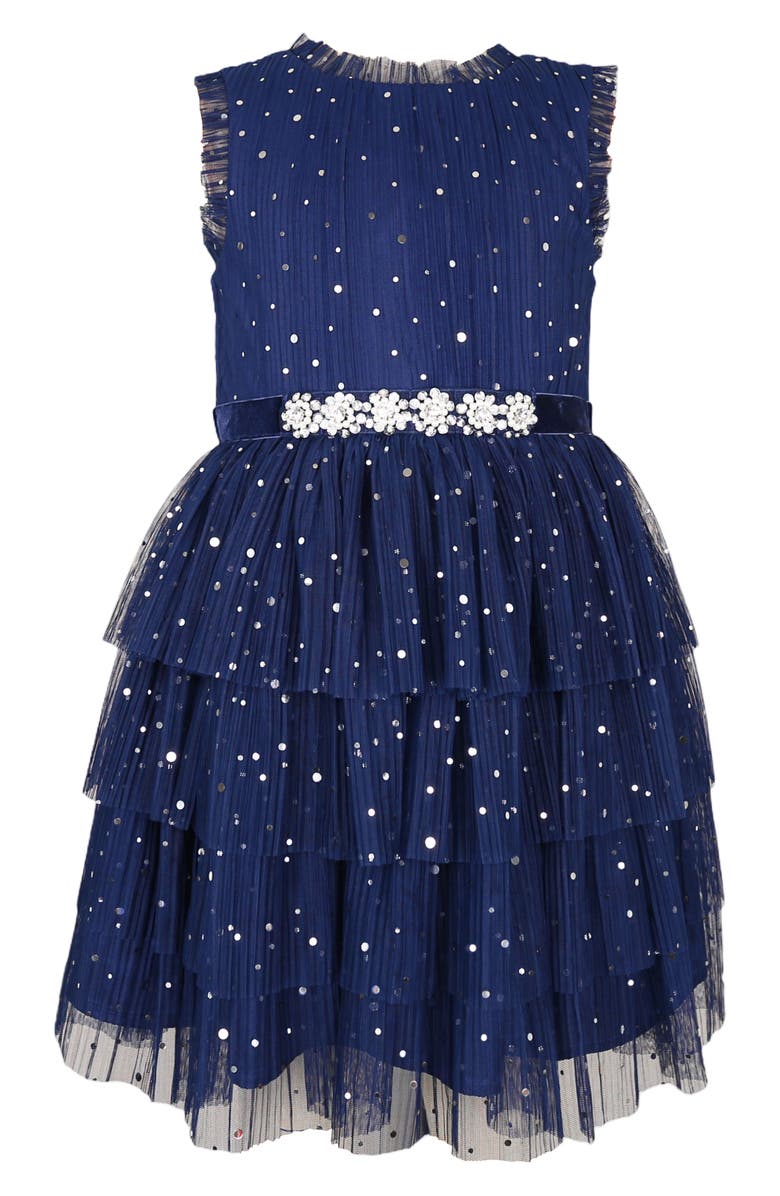 Zunie Kids' Mesh Bodice Tiered Dress, Main, color, Navy/ Silver
