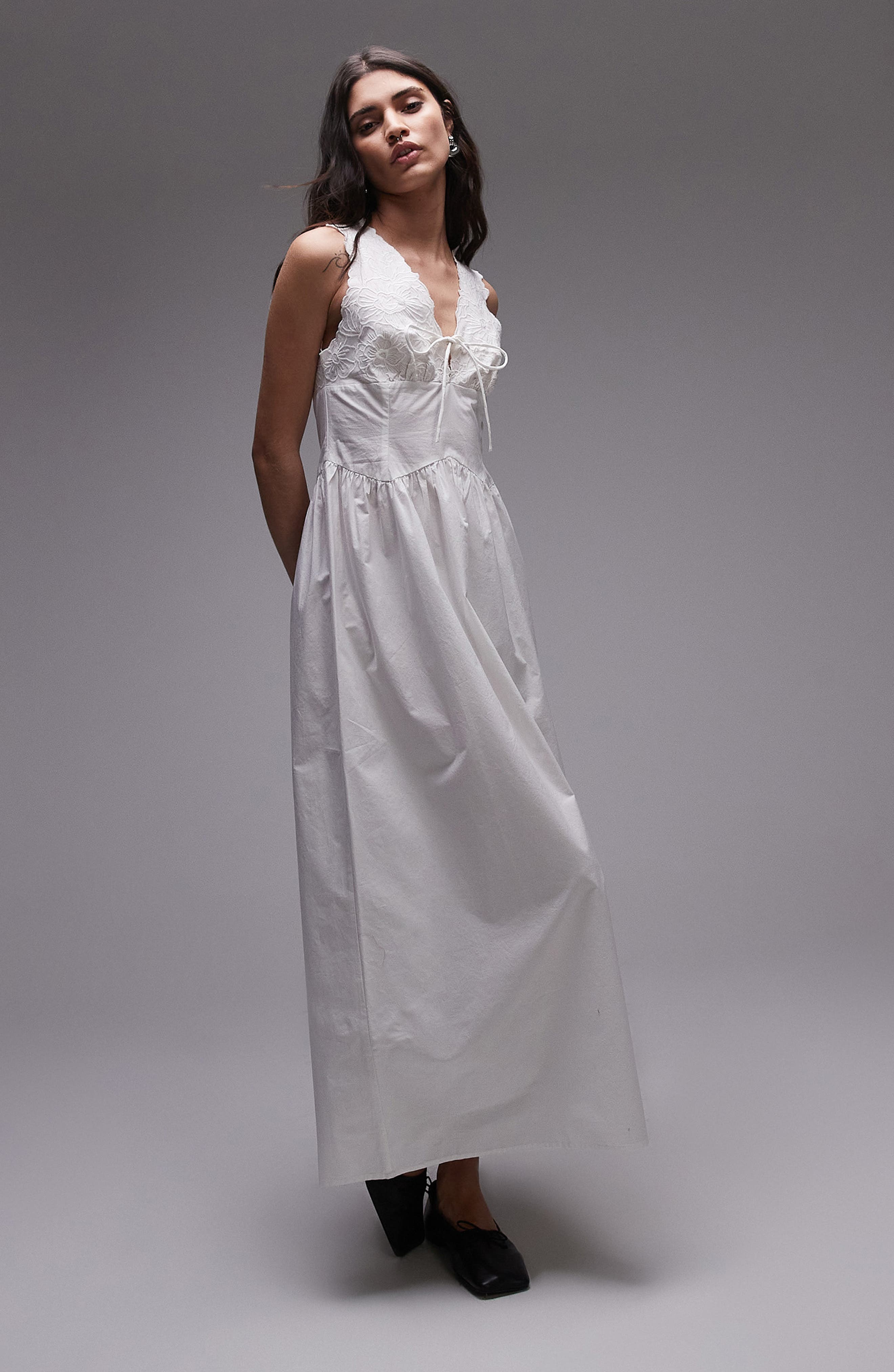 Topshop Embroidered Tie Front Cotton Sundress