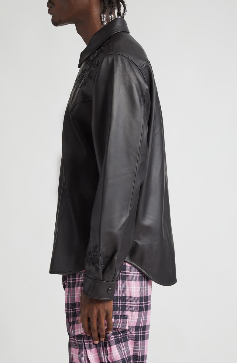 Noon Goons Drop Top Floral Embroidered Lambskin Leather Zip Shirt Jacket, Alternate, color, 
