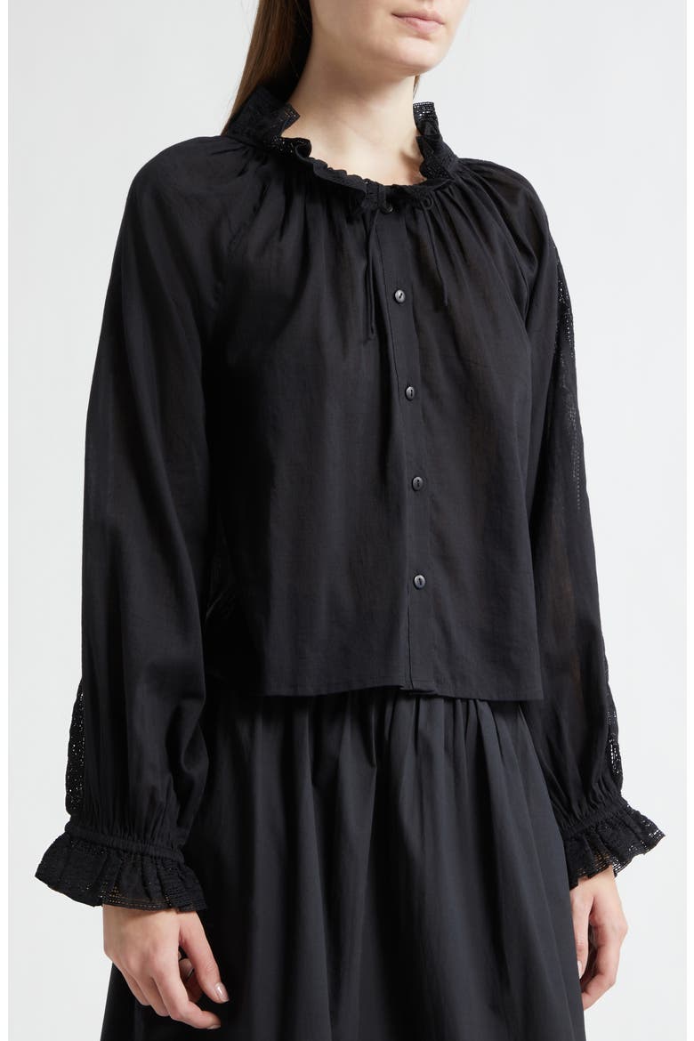 Annette Lace Detail Cotton Button-Up Shirt, Alternate, color, BLACK
