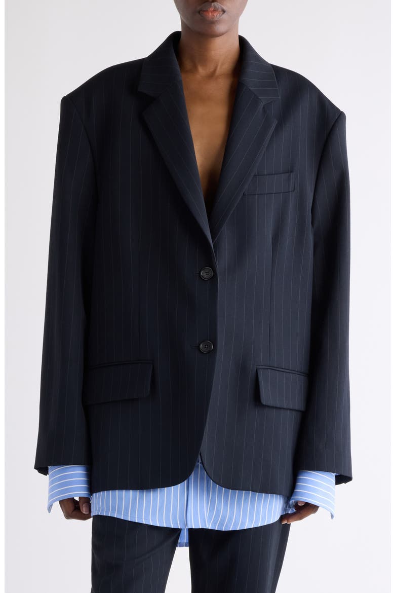 Julaga Layered Fluid Pinstripe Blazer, Main, color, NAVY