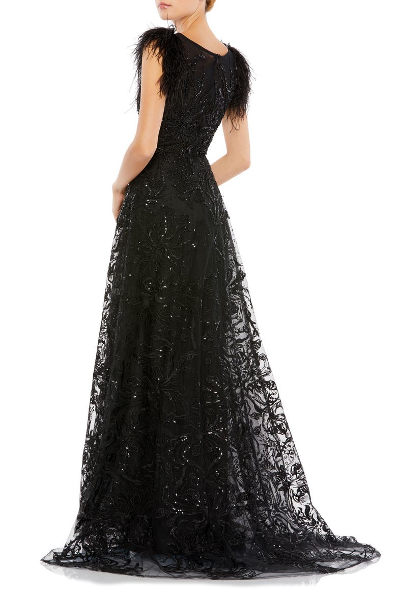 Women's Embellished Feather Cap Sleeve Bateau A Line Gown, Alternate, color, BLACK